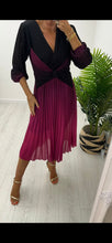 Load image into Gallery viewer, Black/ Burgandy Pleated Dress with waist feature