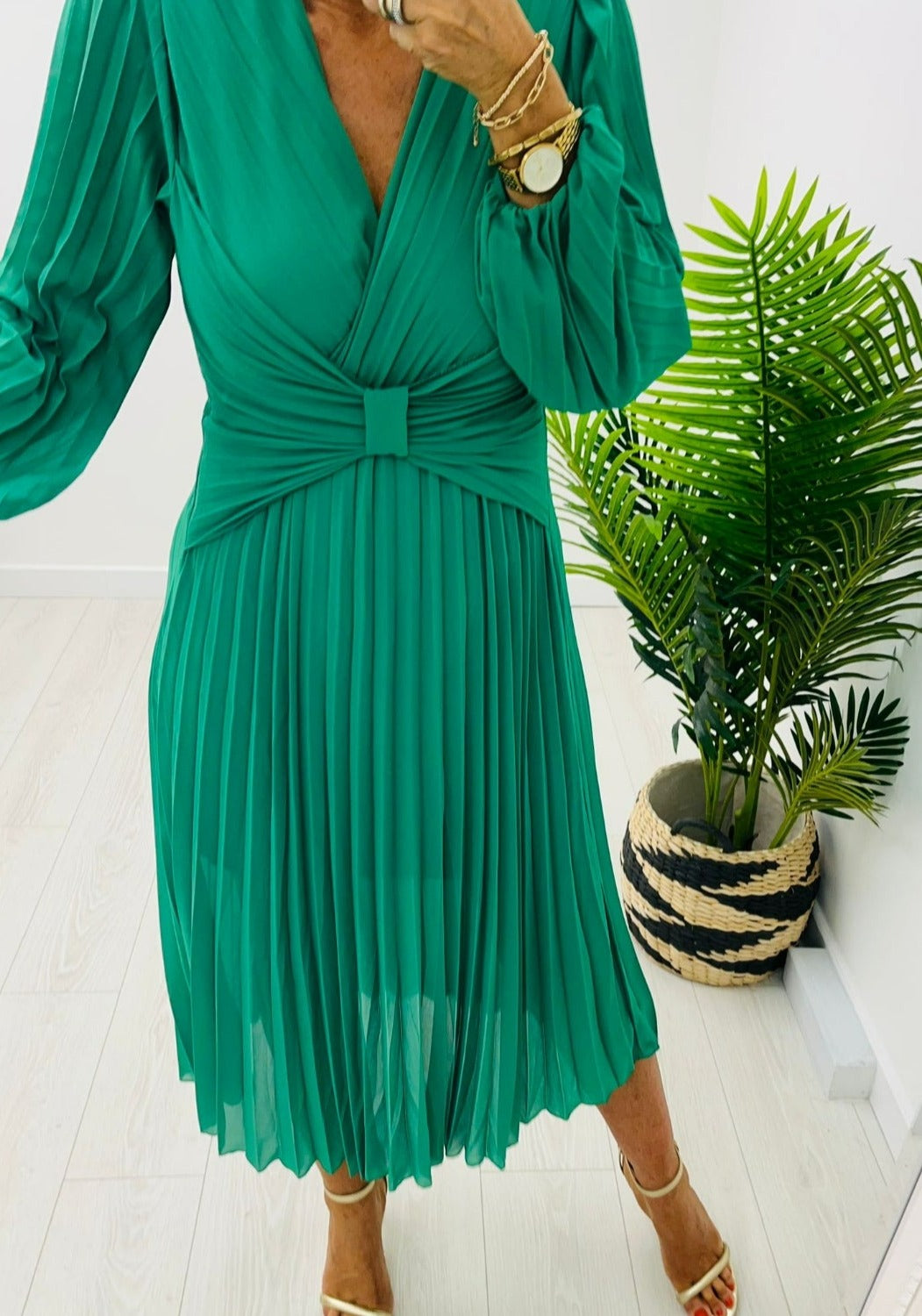Green Pleated Dress with waist feature