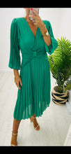 Load image into Gallery viewer, Green Pleated Dress with waist feature

