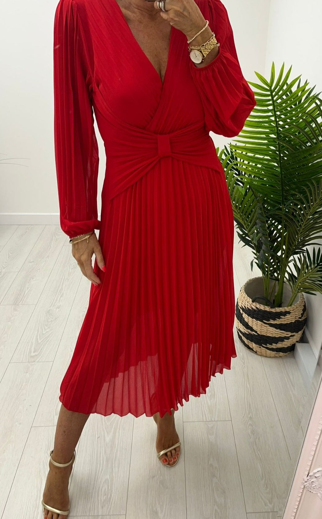 Red Pleated Dress with waist feature