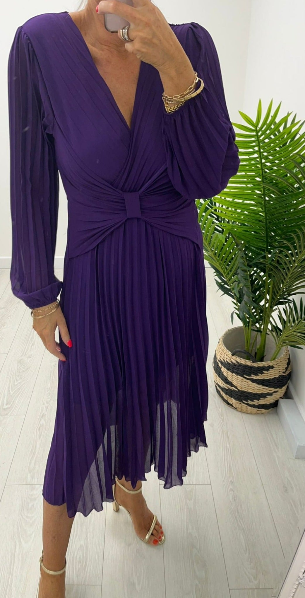 Purple Pleated Dress with waist feature