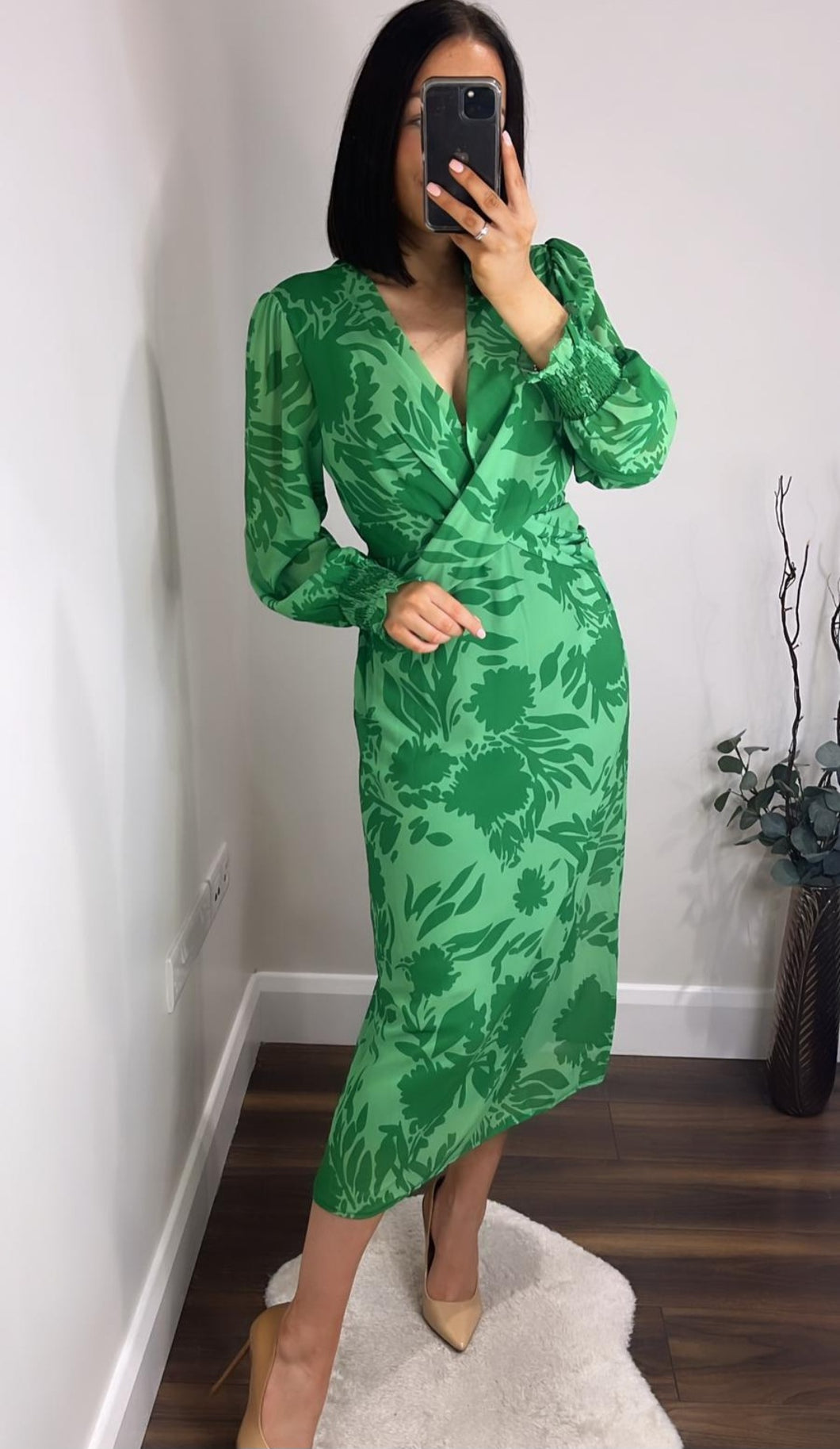 Green Print Dress with crossover feature