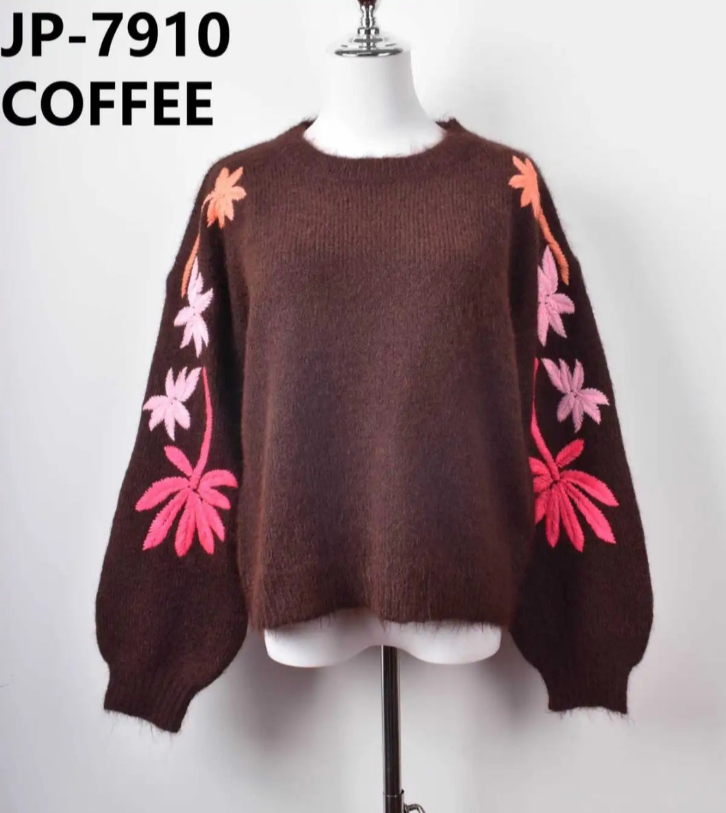 Coffe Round Neck Knit Neon Sleeve